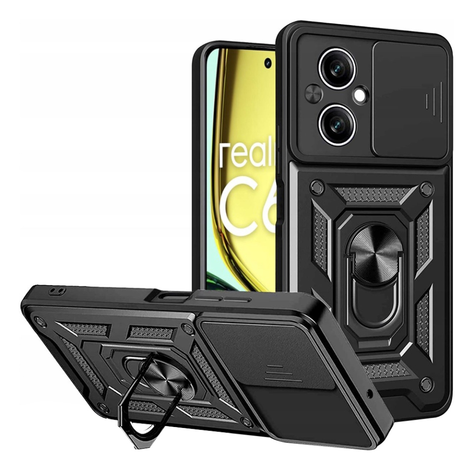 Husa pentru Realme C67 4G, SKYDDAR INNOVATION, CamShield, Inel magnetic, set cu sticker, Negru