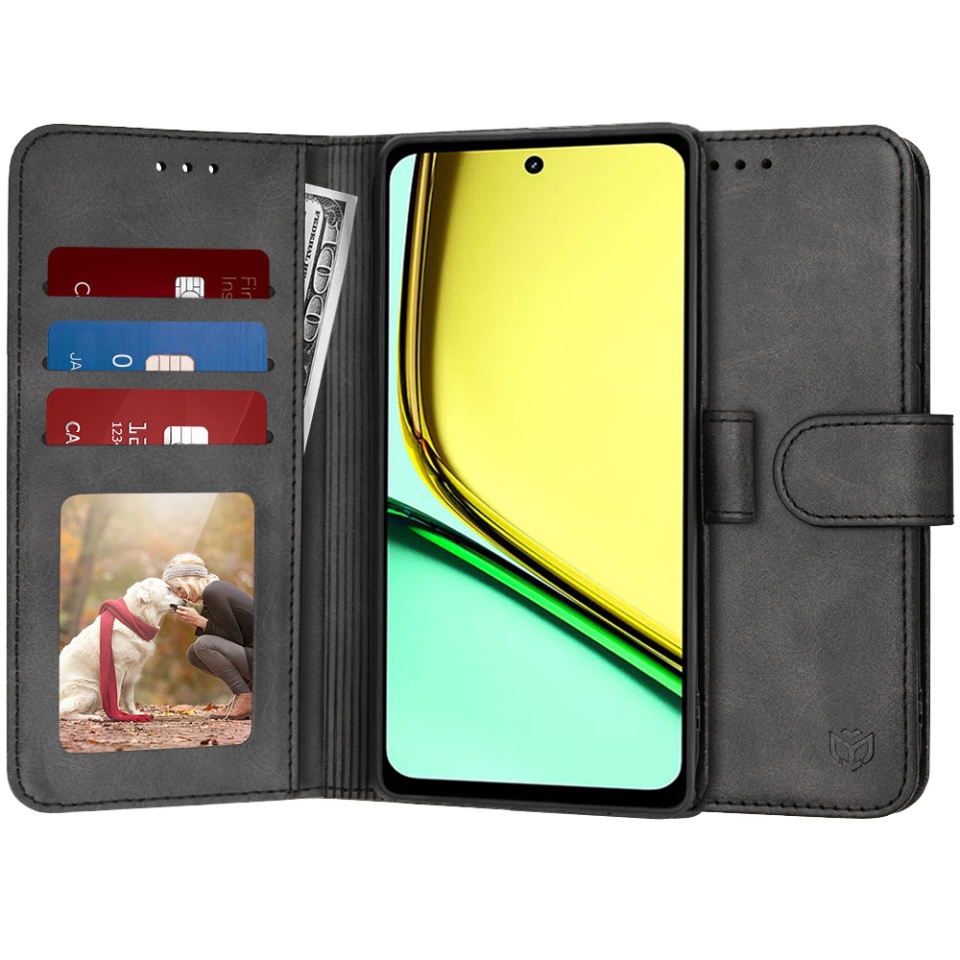 Husa pentru Realme C67 4G, SKYDDAR INNOVATION, Diary Book, tip carte, cu Portofel Interior, Antisoc, Negru, set cu sticker