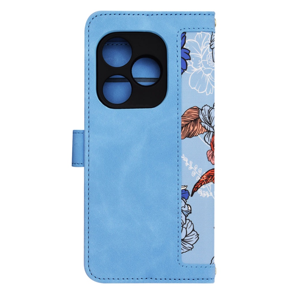 Husa pentru Realme GT 6 / GT 6T din Piele Ecologică cu Design Floral, Protecție 360°, Stand Integrat, Buzunare pentru Carduri, SKDR Floral Wallet - Bleu - 3 | YEO