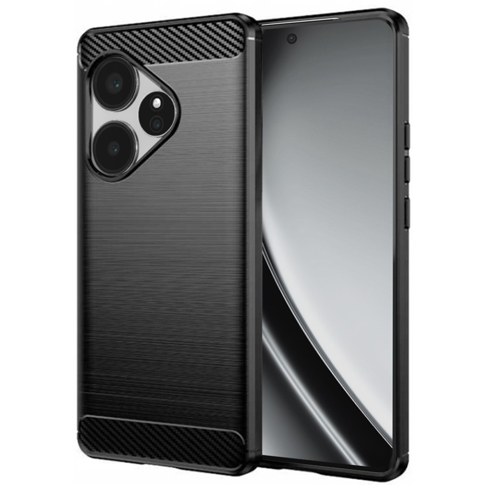 Husa pentru Realme GT 6 / GT 6T, SKYDDAR INNOVATION, Carbon Silicone, din Silicon Slim, cu textura Fibra Carbon, set cu sticker, Negru