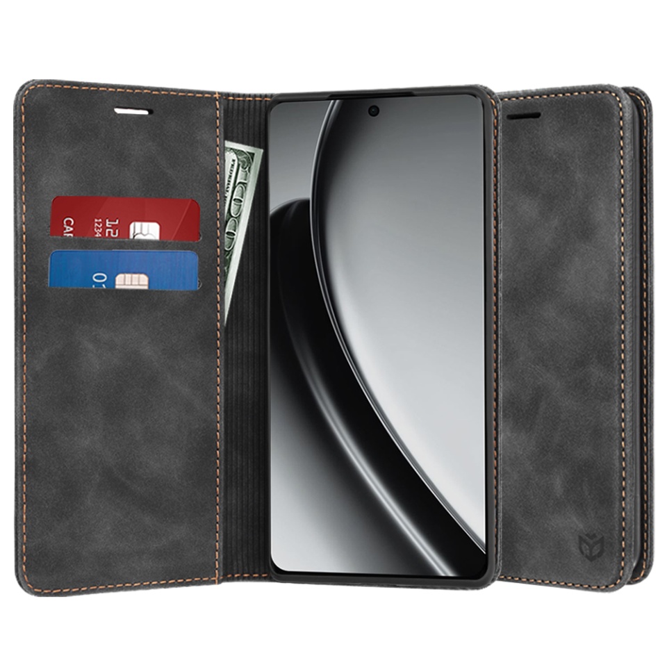 Husa pentru Realme GT 6 / GT 6T, SKYDDAR INNOVATION, Soft Wallet, tip Carte din piele Eco Premium, cu Portofel Interior, Negru, set cu sticker