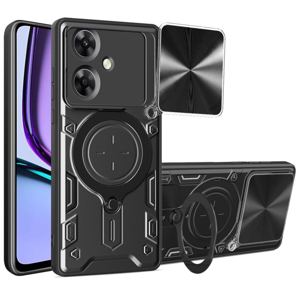Husa pentru Realme Note 60, cu inel magnetic si suport ajustabil, protectie completa camera, SKDR SafeCover - Negru