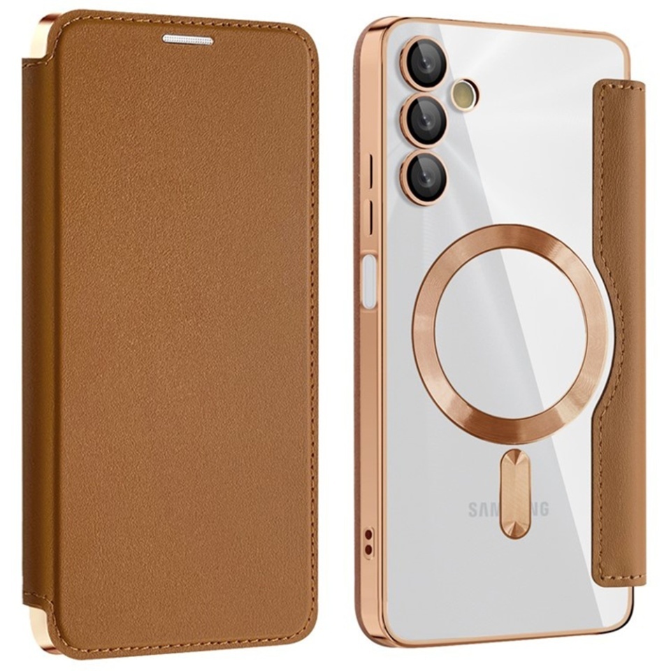 Husa pentru Samsung Galaxy A05s tip carte, SKYDDAR INOVATION, SmartMag Book, Magsafe, RFiD, Suport Carduri, set cu sticker, Maro - 1 | YEO