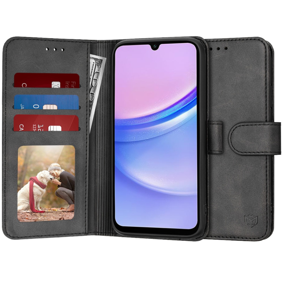 Husa pentru Samsung Galaxy A15 4G / Galaxy A15 5G, SKYDDAR INNOVATION, Diary Book, tip carte, cu Portofel Interior, Antisoc, Negru, set cu sticker