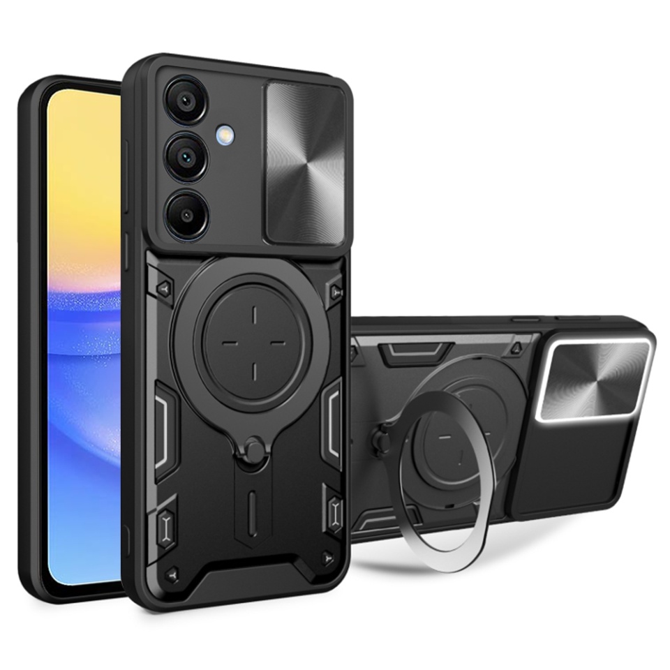 Husa pentru Samsung Galaxy A15 4G / Galaxy A15 5G, SKYDDAR INNOVATION, CamGuard Pro, Inel Magnetic, Protectie Camera, set cu sticker, Negru