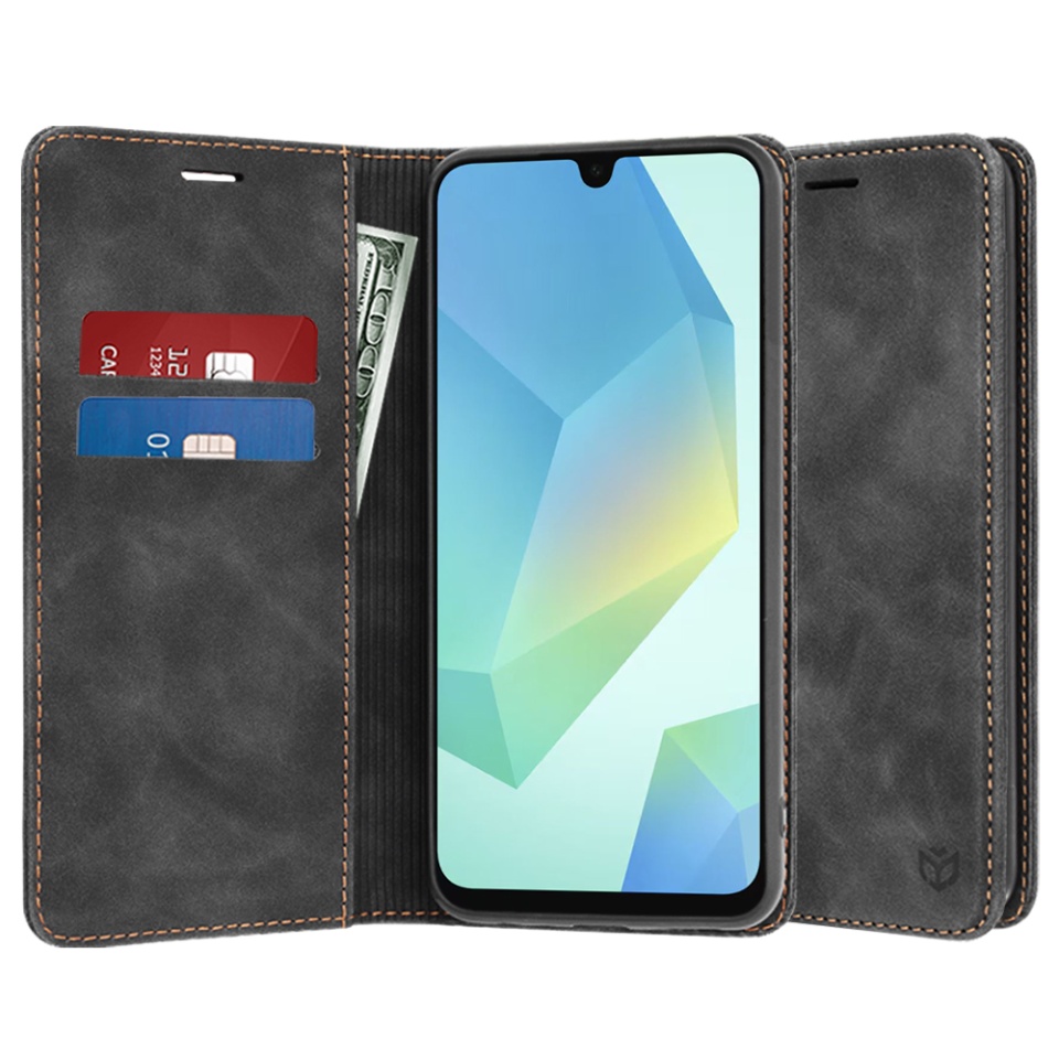 Husa pentru Samsung Galaxy A16 4G / Galaxy A16 5G, SKYDDAR INNOVATION, Soft Wallet, tip Carte din piele Eco Premium, cu Portofel Interior, Negru, set cu sticker