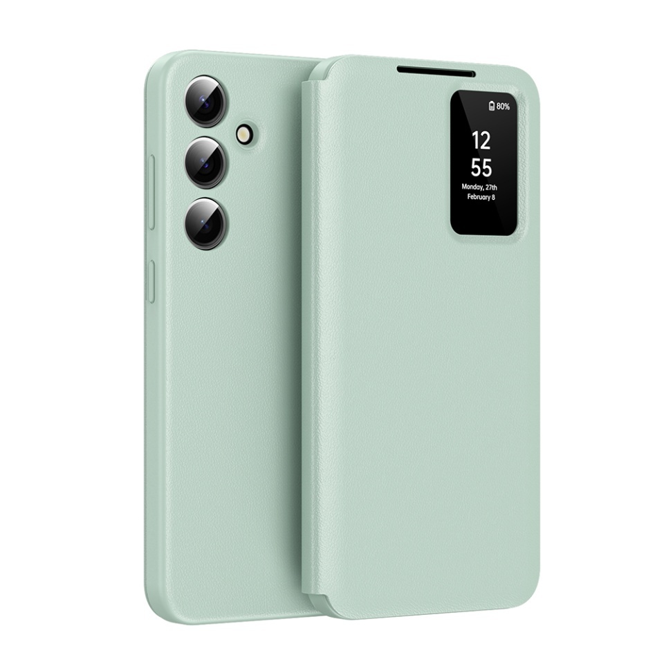 Husa pentru Samsung Galaxy A16 4G / Galaxy A16 5G tip carte, Skyddar, cu portofel si SmartView, Premium, set cu sticker, Verde