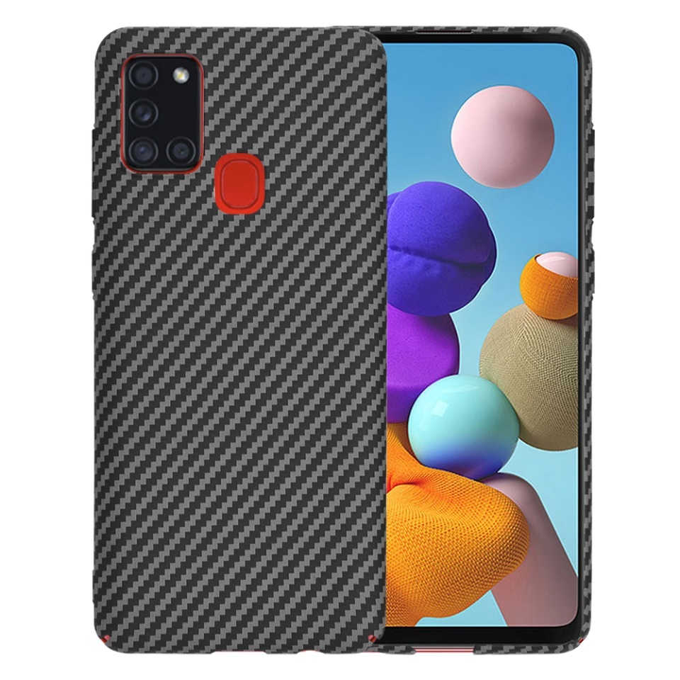 Husa pentru Samsung Galaxy A21s, SKYDDAR INNOVATION, textura carbon, Carbonite FiberShell, set cu sticker, Negru,