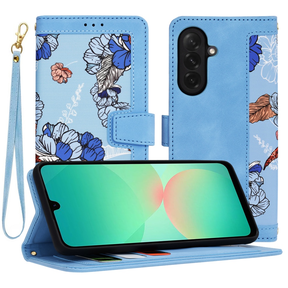Husa pentru Samsung Galaxy A26 5G, SKYDDAR INNOVATION, Floral Wallet, din Piele Ecologică cu Design Floral, Protecție 360°, Stand Integrat, Buzunare pentru Carduri, Bleu, set cu sticker