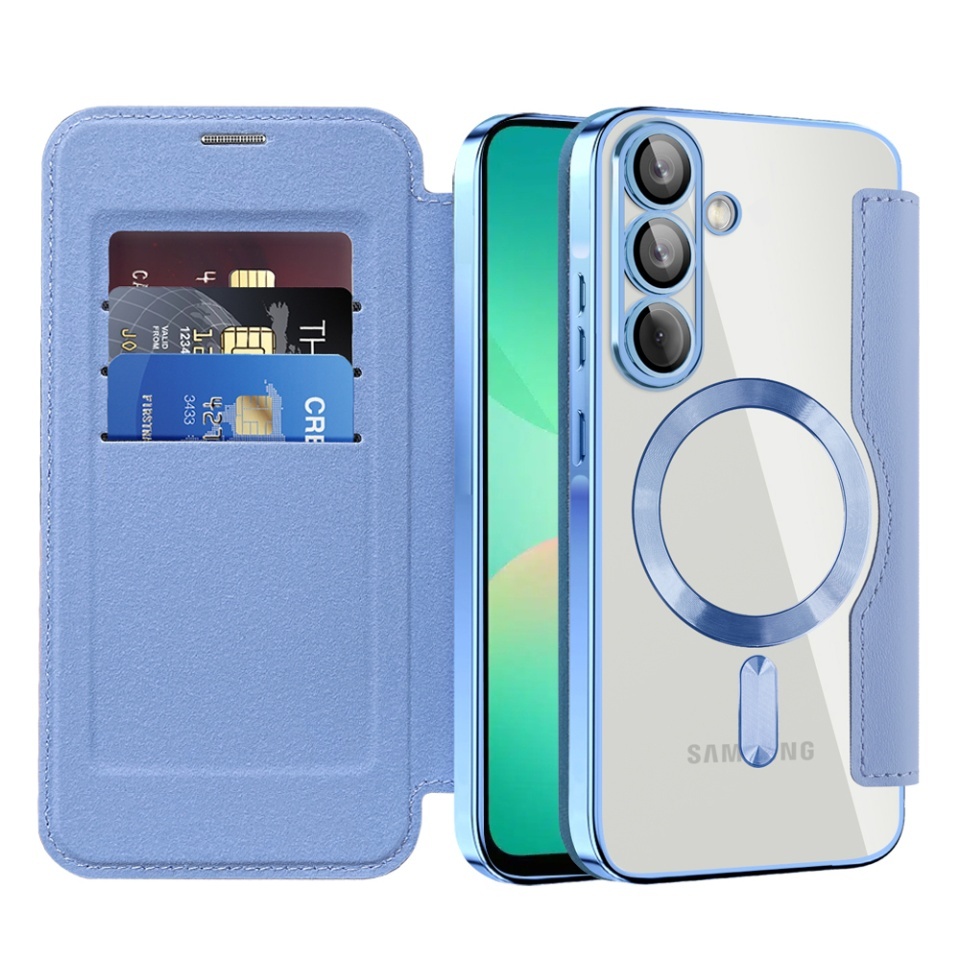 Husa pentru Samsung Galaxy A26 5G tip carte, SKYDDAR INOVATION, SmartMag Book, Magsafe, RFiD, Suport Carduri, set cu sticker, Bleu