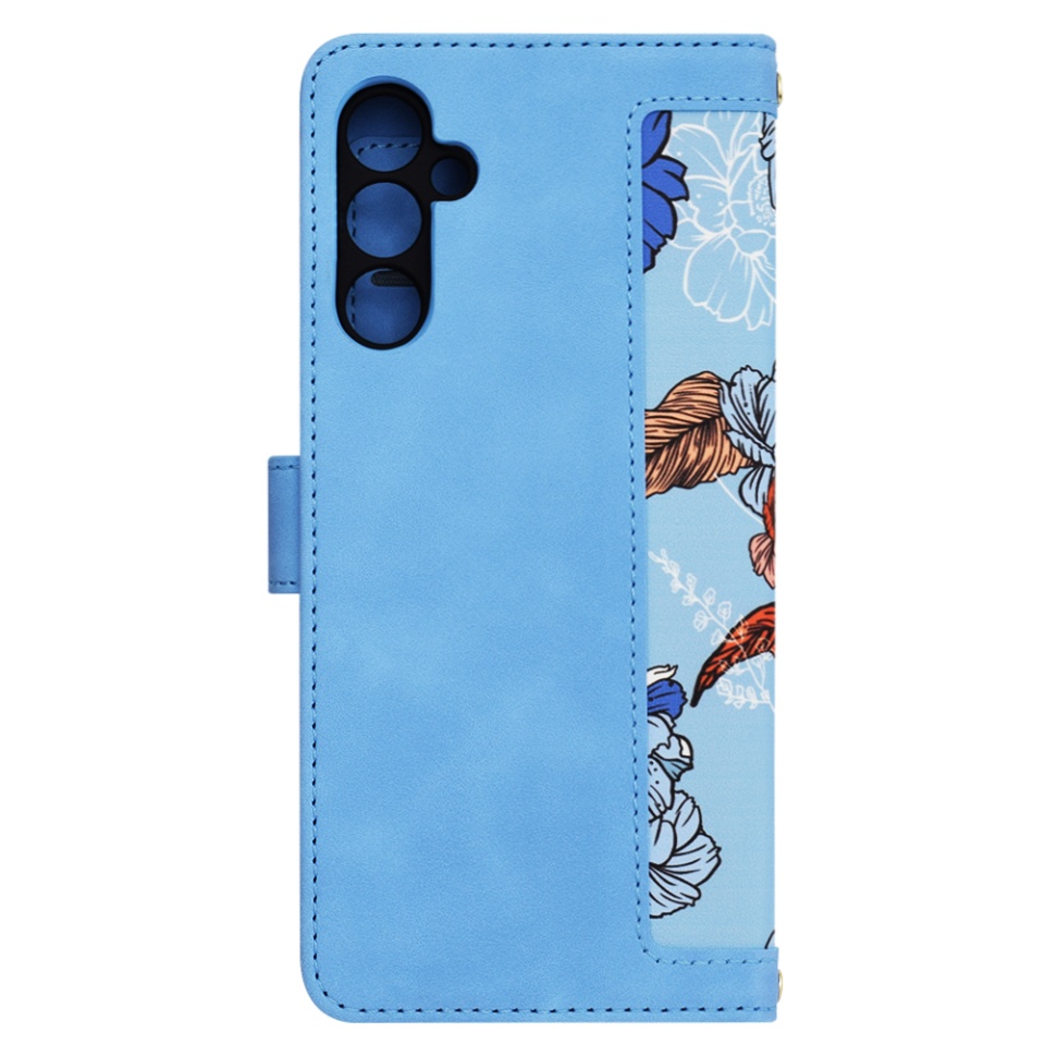 Husa pentru Samsung Galaxy A34 5G din Piele Ecologică cu Design Floral, Protecție 360°, Stand Integrat, Buzunare pentru Carduri, SKDR Floral Wallet - Bleu - 3 | YEO