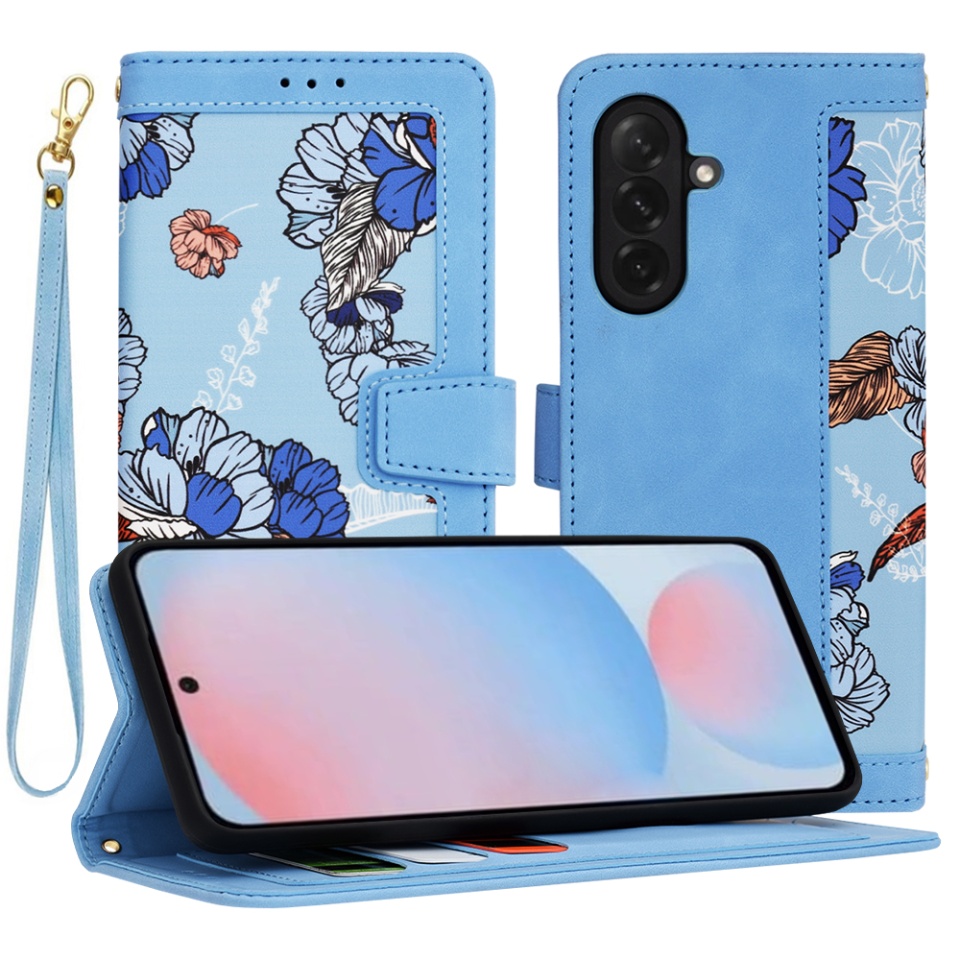 Husa pentru Samsung Galaxy A56 5G din Piele Ecologică cu Design Floral, Protecție 360°, Stand Integrat, Buzunare pentru Carduri, Floral Wallet - Bleu