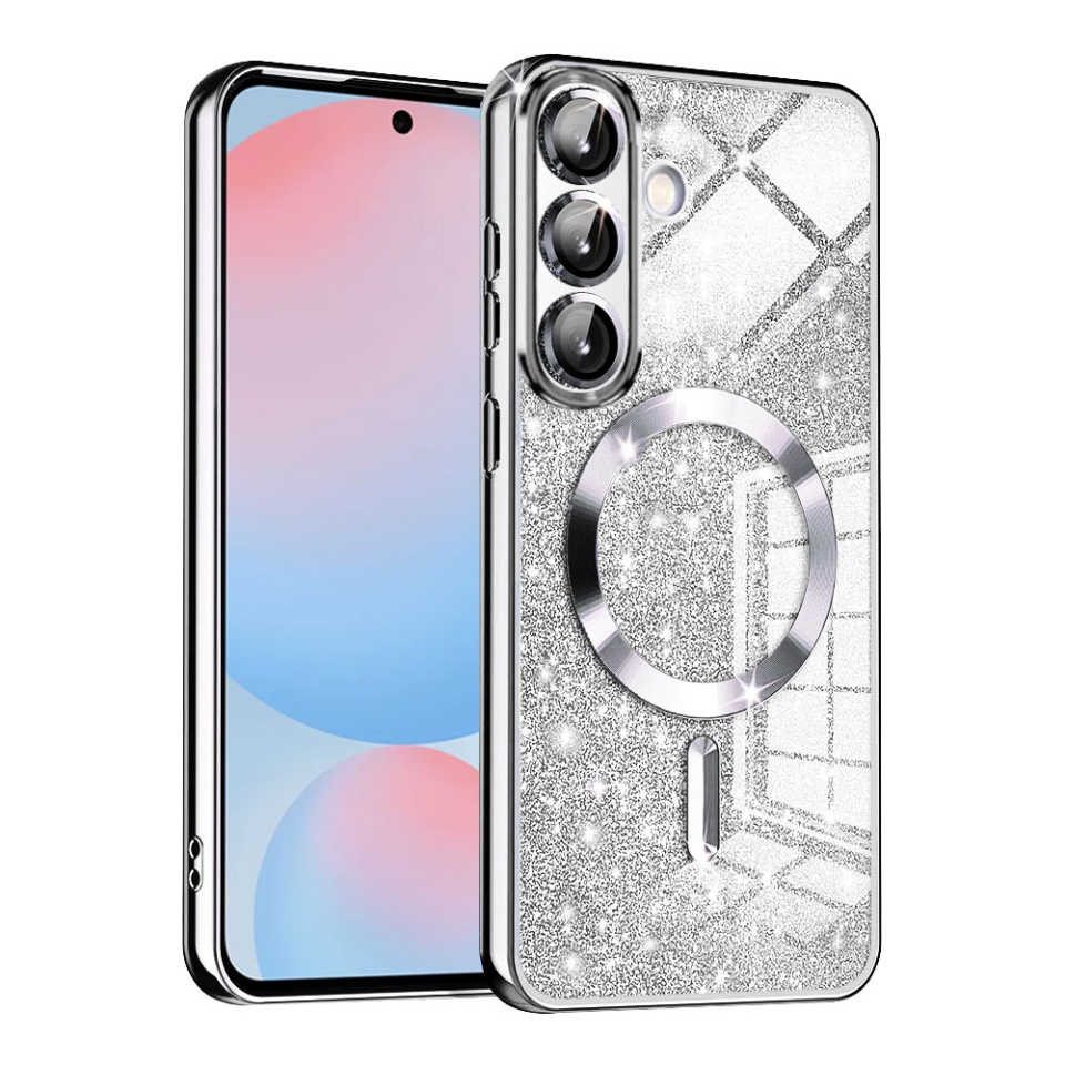 Husa pentru Samsung Galaxy A56 5G, SKYDDAR INNOVATION, Luxury Glitter Magsafe, Antisoc, Fundal Detasabil 2-in-1, Margini Ridicate, set cu sticker, Argintiu