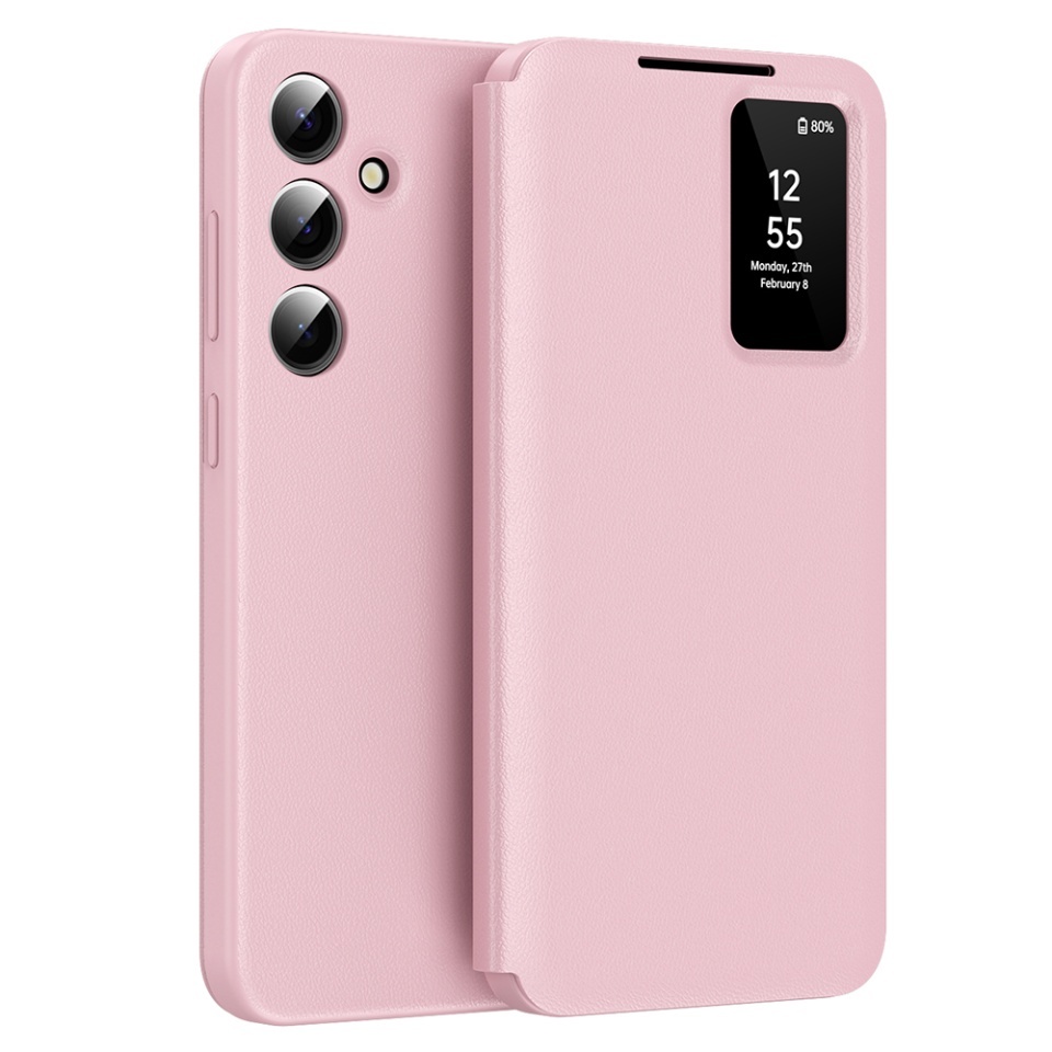 Husa pentru Samsung Galaxy A56 5G tip carte, Skyddar, cu portofel si SmartView, Premium, set cu sticker, Roz
