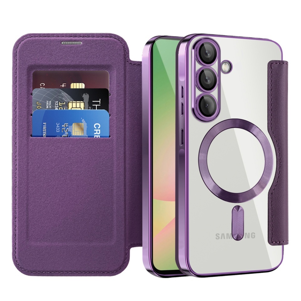 Husa pentru Samsung Galaxy A56 5G tip carte, SKYDDAR INOVATION, SmartMag Book, Magsafe, RFiD, Suport Carduri, set cu sticker, Mov