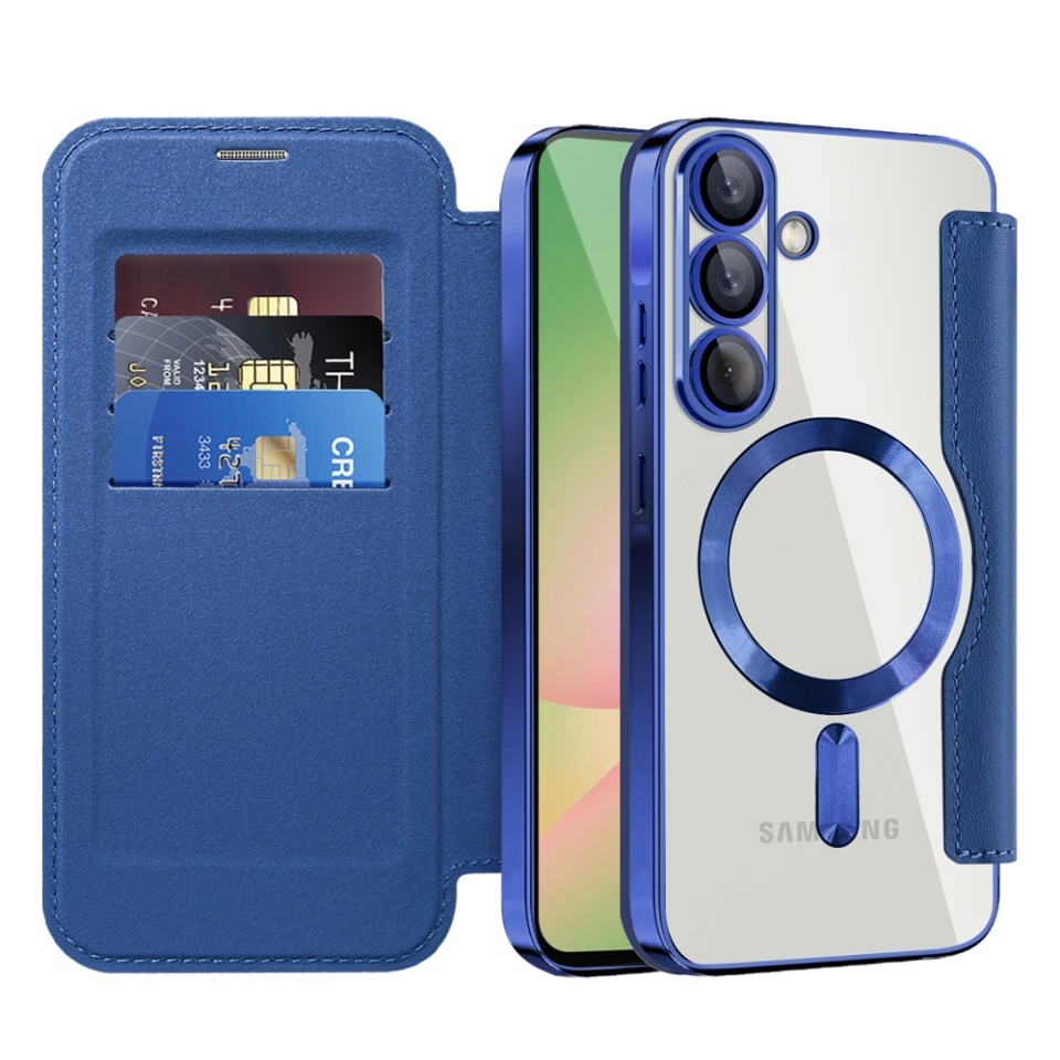 Husa pentru Samsung Galaxy A56 5G tip carte, SKYDDAR INOVATION, SmartMag Book, Magsafe, RFiD, Suport Carduri, set cu sticker, Albastru