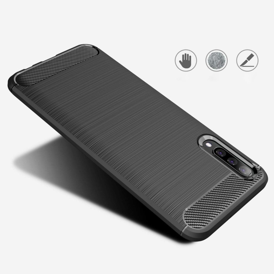 Husa pentru Samsung Galaxy A70 / Galaxy A70s, SKYDDAR INNOVATION, Carbon Silicone, din Silicon Slim, cu textura Fibra Carbon, set cu sticker, Negru - 2 | YEO