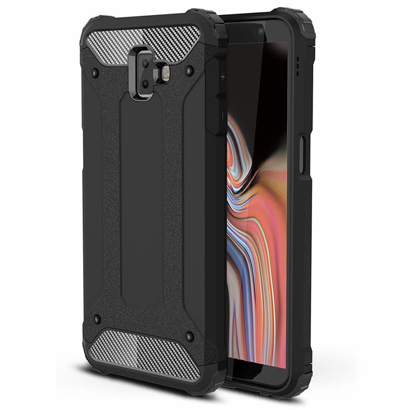 Husa pentru Samsung Galaxy J6 Plus, SKYDDAR INNOVATION, Hybrid Armor, din Plastic Dur, Margini Cauciucate, Antisoc, set cu sticker, Negru