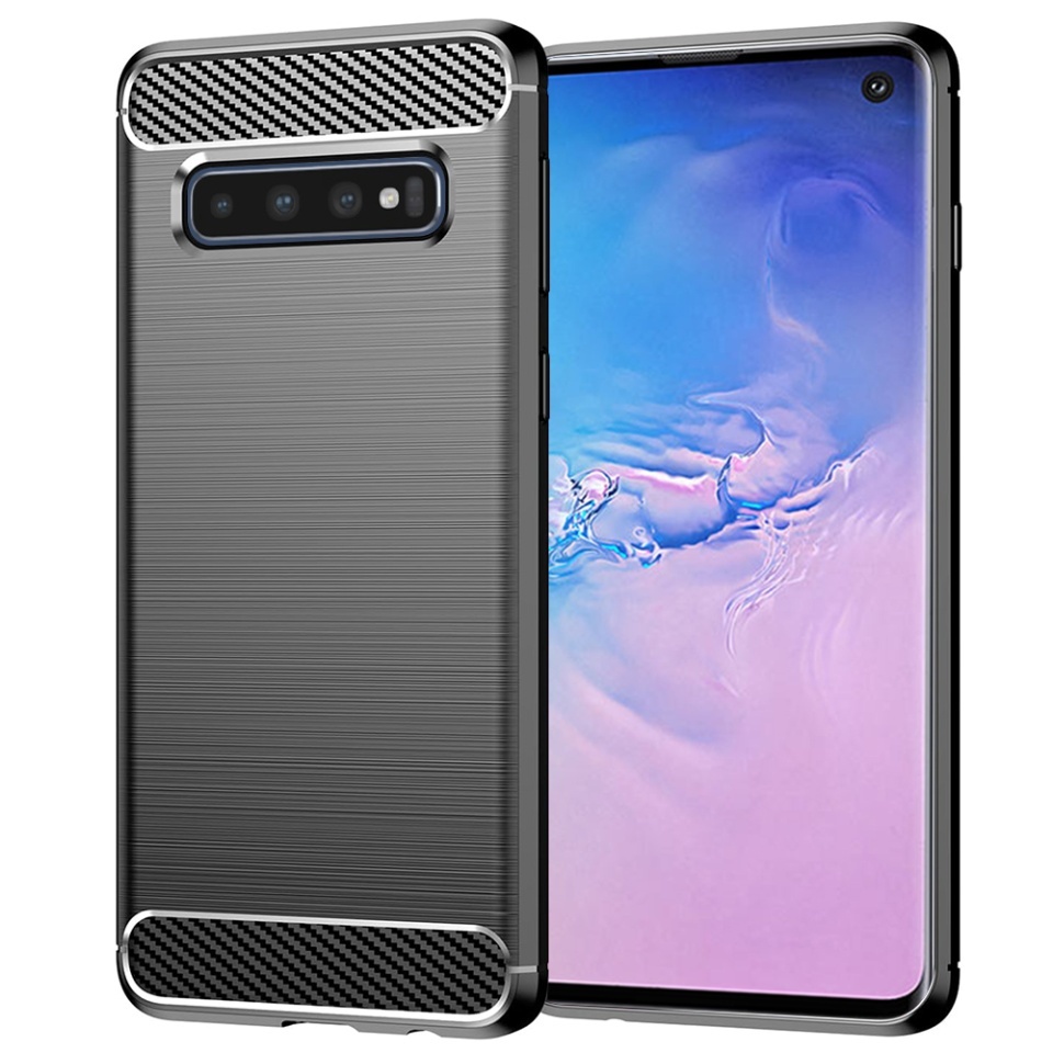 Husa pentru Samsung Galaxy S10, SKYDDAR INNOVATION, Carbon Silicone, din Silicon Slim, cu textura Fibra Carbon, set cu sticker, Negru