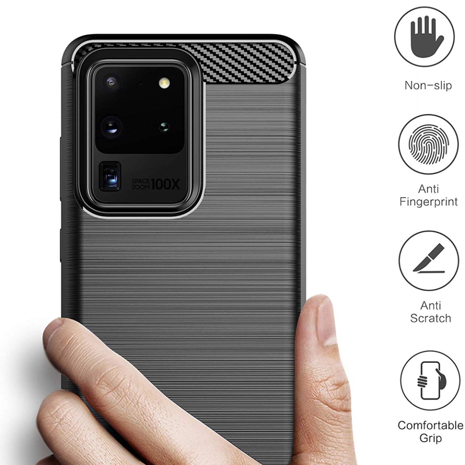 Husa pentru Samsung Galaxy S20 Ultra 5G / Galaxy S20 Ultra, SKYDDAR INNOVATION, Carbon Silicone, din Silicon Slim, cu textura Fibra Carbon, set cu sticker, Negru - 1 | YEO