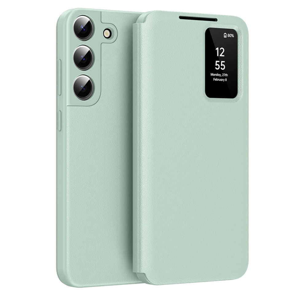 Husa pentru Samsung Galaxy S22 5G tip carte, Skyddar, cu portofel si SmartView, Premium, set cu sticker, Verde