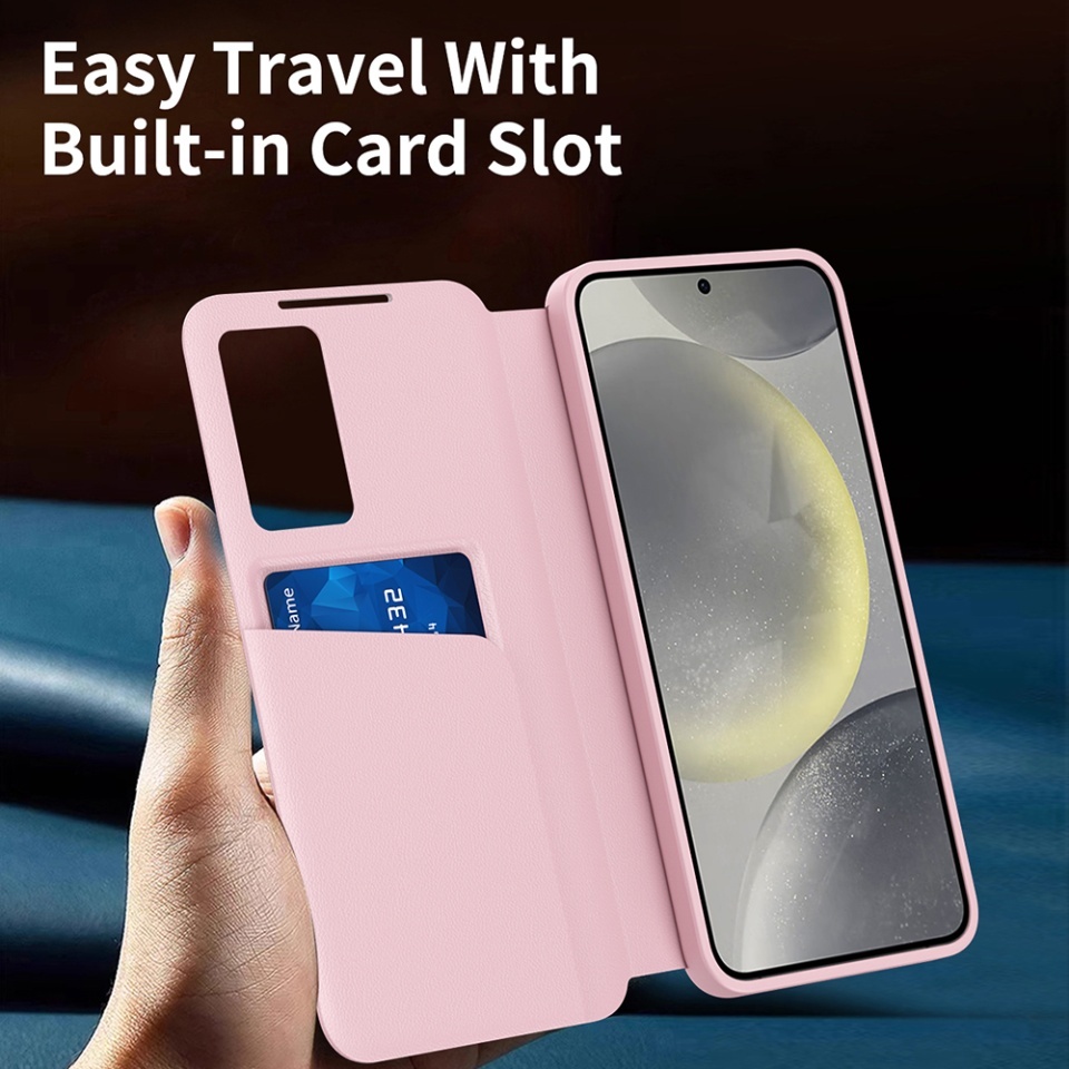 Husa pentru Samsung Galaxy S22 Plus 5G tip carte, Skyddar, cu portofel si SmartView, Premium, set cu sticker, Roz - 3 | YEO