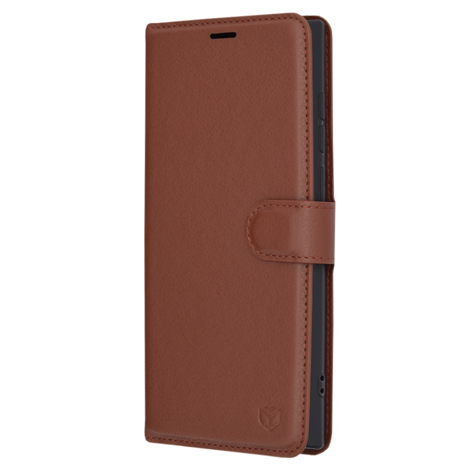 Husa pentru Samsung Galaxy S22 Ultra 5G, SKYDDAR INNOVATION, Leather Folio tip Carte, cu Portofel Interior, Finisaje Premium, set cu sticker, Maro - 3 | YEO