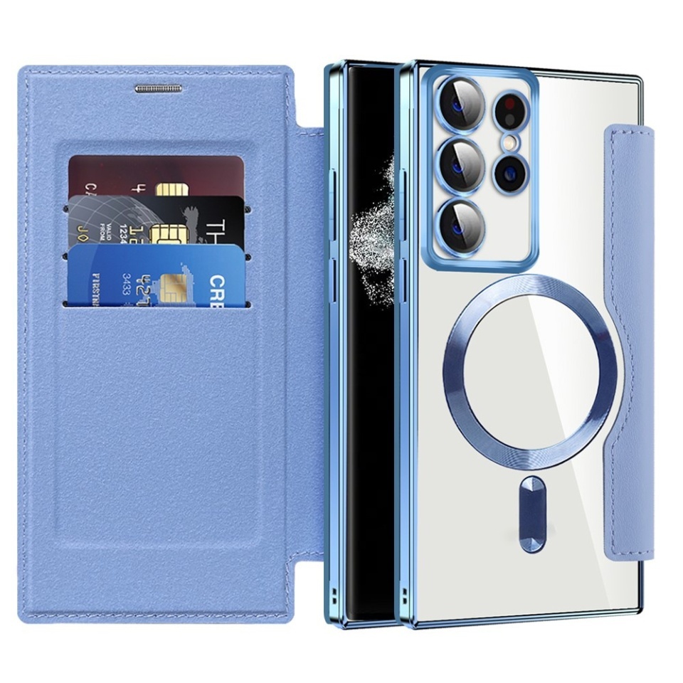 Husa pentru Samsung Galaxy S22 Ultra 5G tip carte, SKYDDAR INOVATION, SmartMag Book, Magsafe, RFiD, Suport Carduri, set cu sticker, Bleu