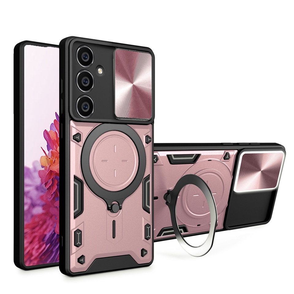 Husa pentru Samsung Galaxy S23 FE, cu inel magnetic si suport ajustabil, protecție completa camera, SKDR SafeCover - Roz auriu