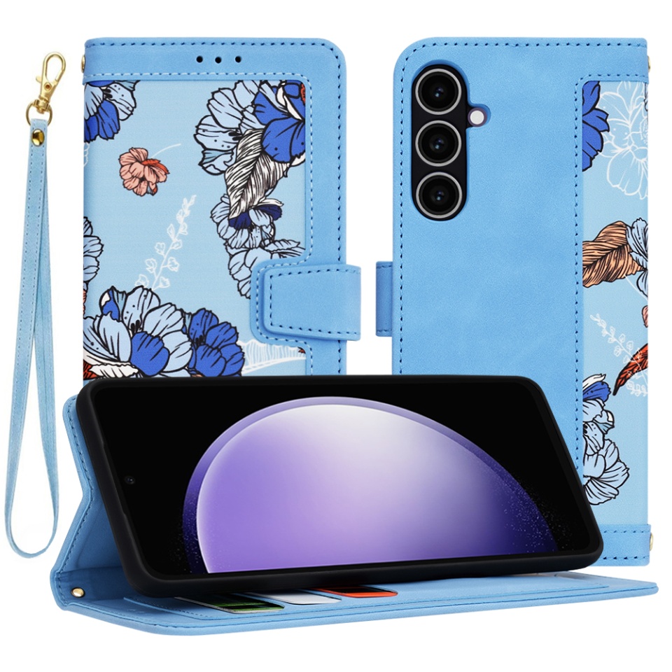 Husa pentru Samsung Galaxy S23 FE din Piele Ecologică cu Design Floral, Protecție 360°, Stand Integrat, Buzunare pentru Carduri, SKDR Floral Wallet - Bleu