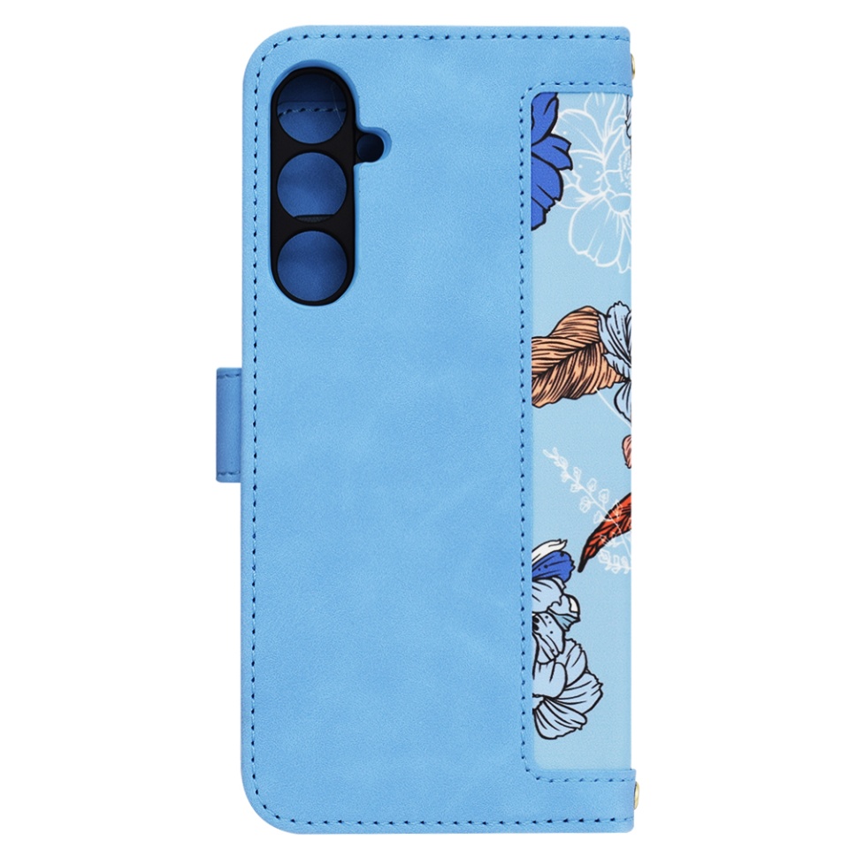Husa pentru Samsung Galaxy S23 FE din Piele Ecologică cu Design Floral, Protecție 360°, Stand Integrat, Buzunare pentru Carduri, SKDR Floral Wallet - Bleu - 3 | YEO