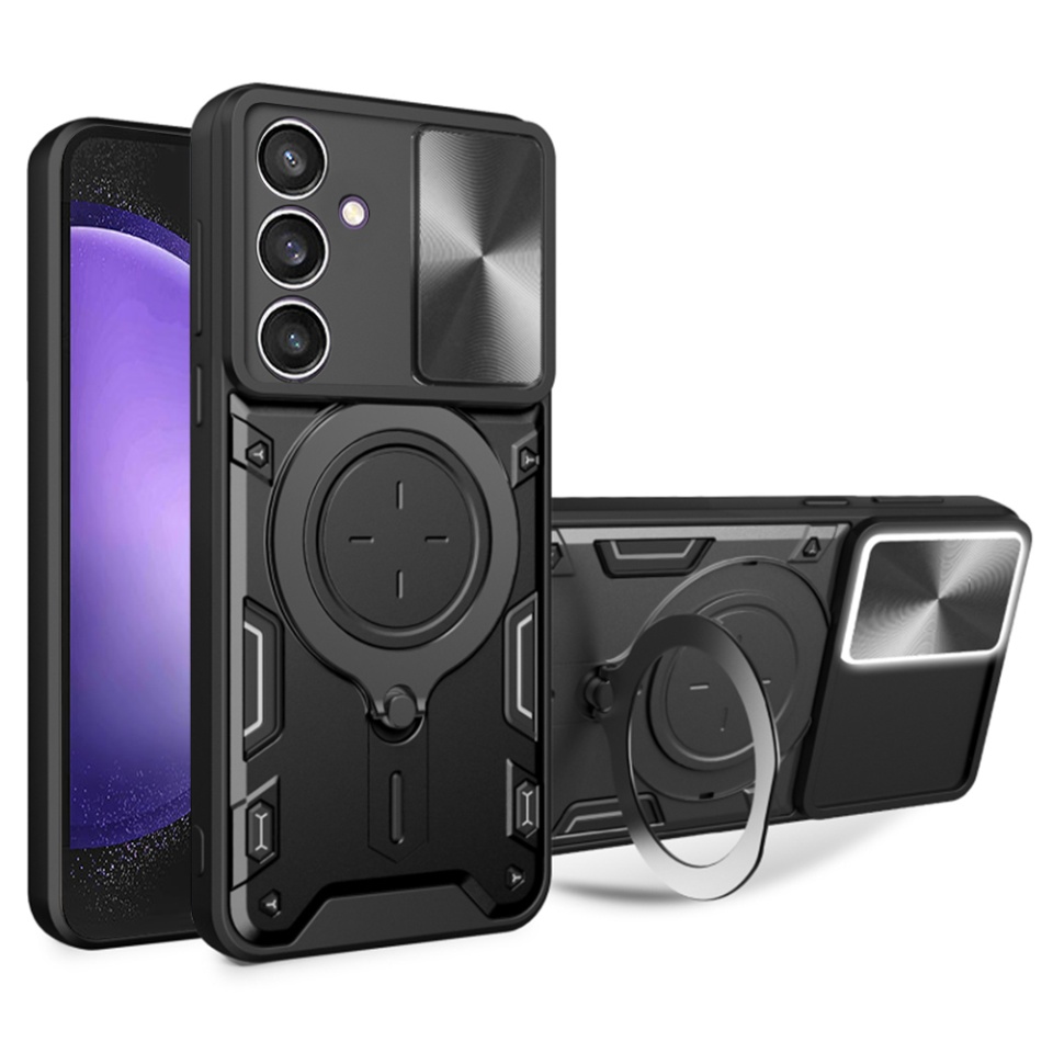 Husa pentru Samsung Galaxy S23 FE, SKYDDAR INNOVATION, CamGuard Pro, Inel Magnetic, Protectie Camera, set cu sticker, Negru