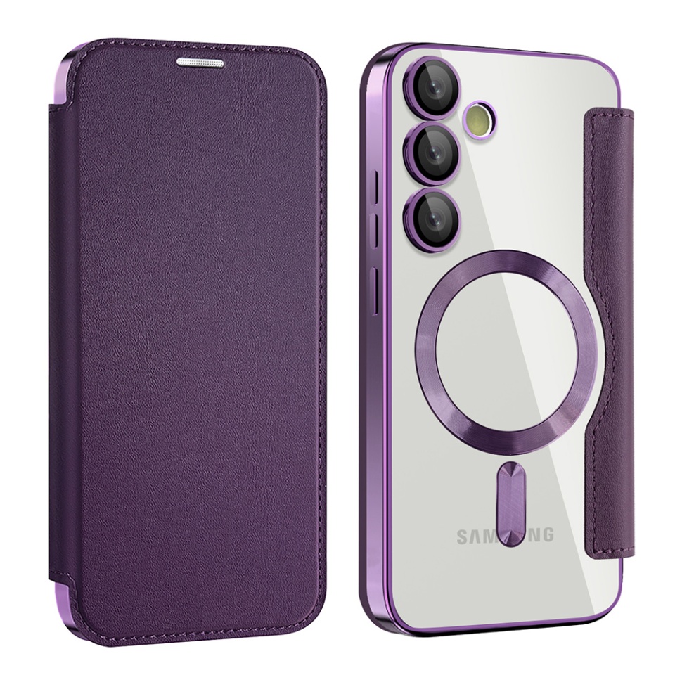 Husa pentru Samsung Galaxy S23 FE tip carte, SKYDDAR INOVATION, SmartMag Book, Magsafe, RFiD, Suport Carduri, set cu sticker, Mov - 1 | YEO