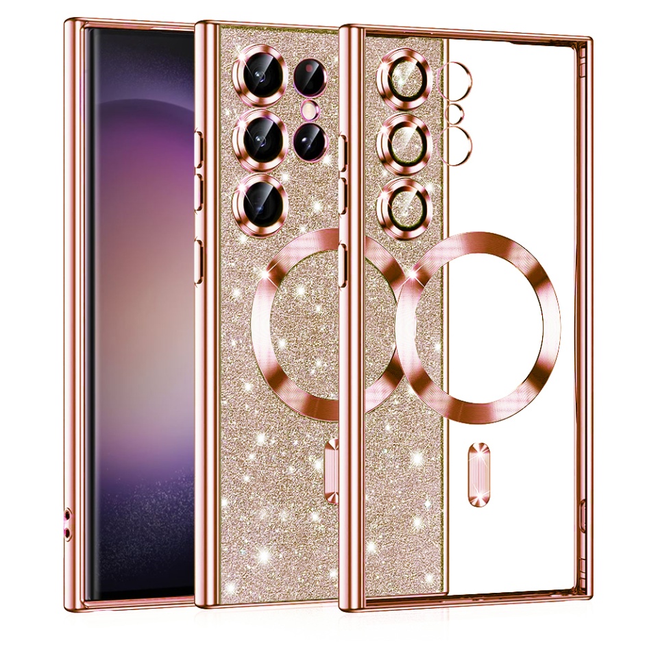 Husa pentru Samsung Galaxy S23 Ultra Design Antisoc, Fundal Detasabil 2-in-1, Protectie Superioara, Margini Ridicate, SKDR Glitter - Roz auriu