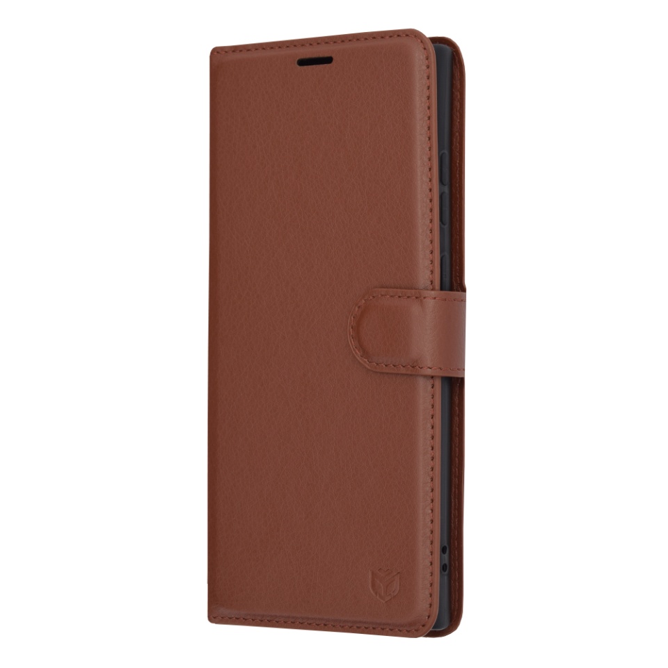 Husa pentru Samsung Galaxy S23 Ultra, SKYDDAR INNOVATION, Leather Folio tip Carte, cu Portofel Interior, Finisaje Premium, set cu sticker, Maro - 3 | YEO
