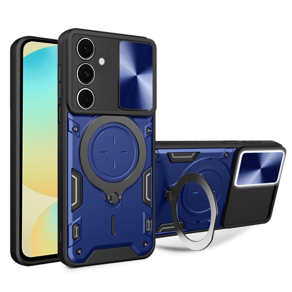 Husa pentru Samsung Galaxy S24 FE, cu inel magnetic si suport ajustabil, protectie completa camera, SKDR SafeCover - Albastru