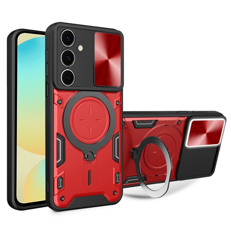 Husa pentru Samsung Galaxy S24 FE, SKYDDAR INNOVATION, CamGuard Pro, Inel Magnetic, Protectie Camera, set cu sticker, Rosu