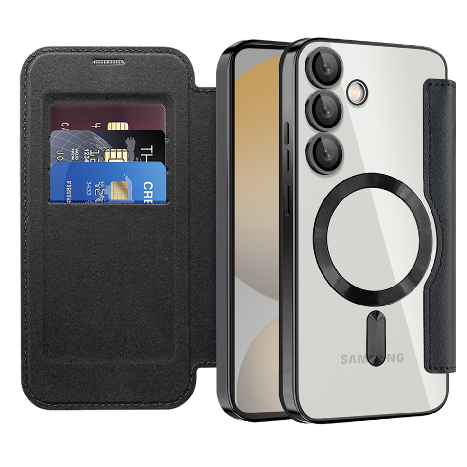 Husa pentru Samsung Galaxy S24 FE tip carte, SKYDDAR INOVATION, SmartMag Book, Magsafe, RFiD, Suport Carduri, set cu sticker, Negru