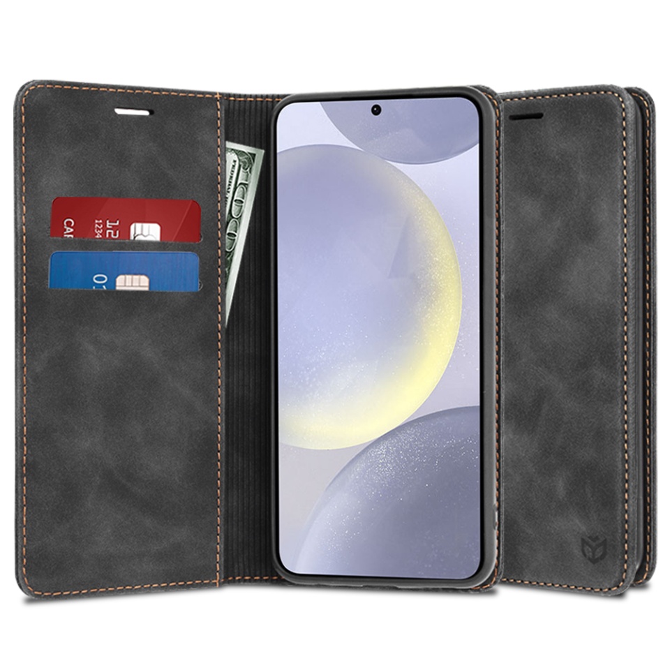 Husa pentru Samsung Galaxy S24 Plus, SKYDDAR INNOVATION, Soft Wallet, tip Carte din piele Eco Premium, cu Portofel Interior, Negru, set cu sticker