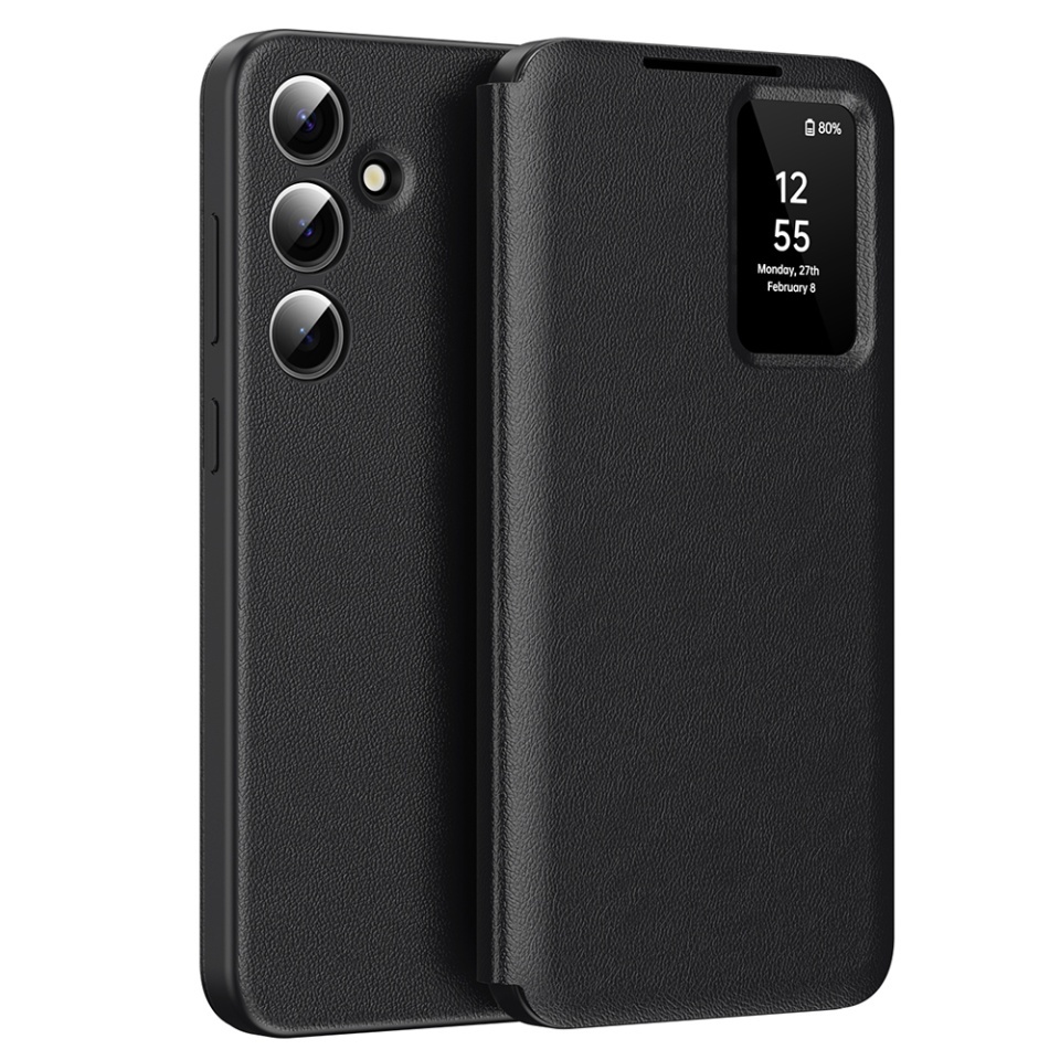 Husa pentru Samsung Galaxy S24 Plus tip carte, Skyddar, cu portofel si SmartView, Premium, set cu sticker, Negru