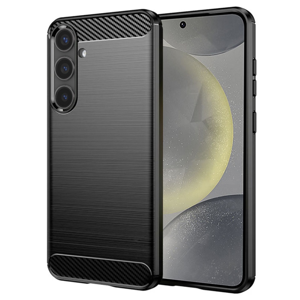 Husa pentru Samsung Galaxy S24, SKYDDAR INNOVATION, Carbon Silicone, din Silicon Slim, cu textura Fibra Carbon, set cu sticker, Negru