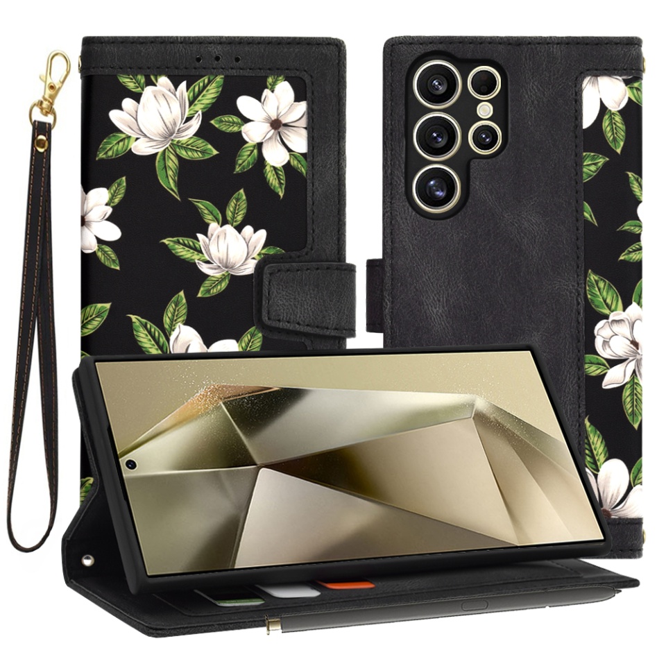 Husa pentru Samsung Galaxy S24 Ultra din Piele Ecologică cu Design Floral, Protecție 360°, Stand Integrat, Buzunare pentru Carduri, SKDR Floral Wallet - Negru
