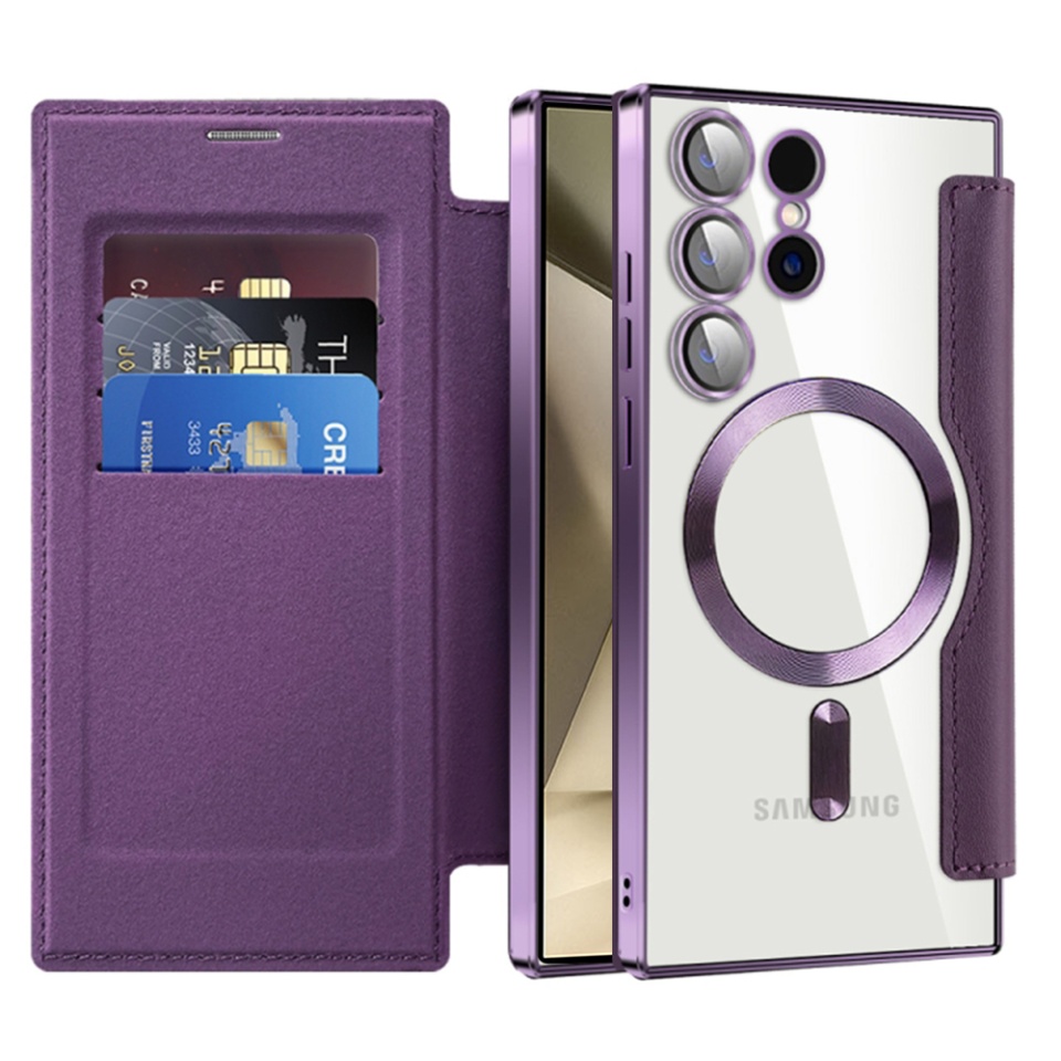 Husa pentru Samsung Galaxy S24 Ultra tip carte, SKYDDAR INOVATION, SmartMag Book, Magsafe, RFiD, Suport Carduri, set cu sticker, Mov