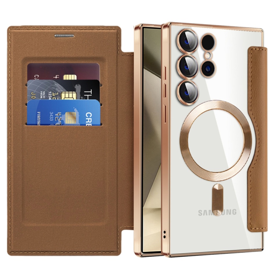 Husa pentru Samsung Galaxy S24 Ultra tip carte, SKYDDAR INOVATION, SmartMag Book, Magsafe, RFiD, Suport Carduri, set cu sticker, Maro