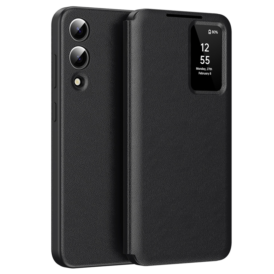 Husa pentru Samsung Galaxy S25 Edge tip carte, Skyddar, cu portofel si SmartView, Premium, set cu sticker, Negru
