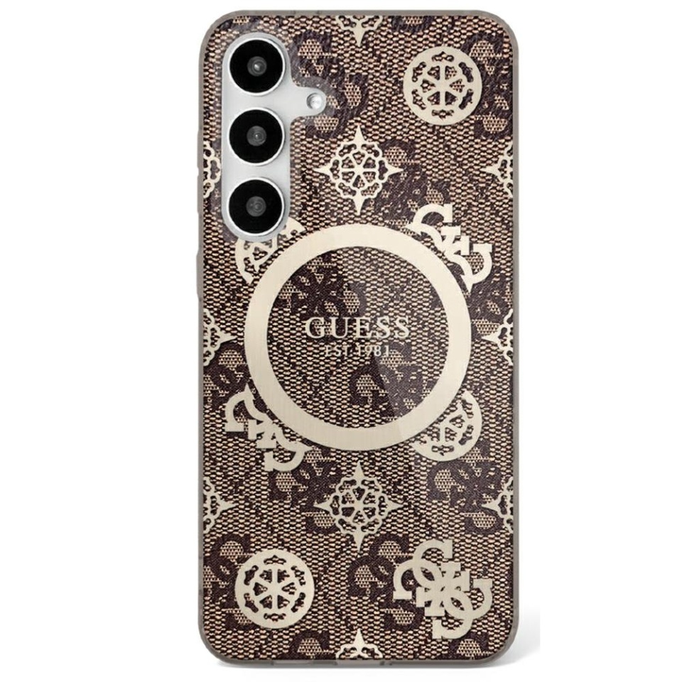 Husa pentru Samsung Galaxy S25, Guess MagSafe Denim Pattern, Compatibila, Cadru Silicon, Logo Auriu, Design Slim, Maro
