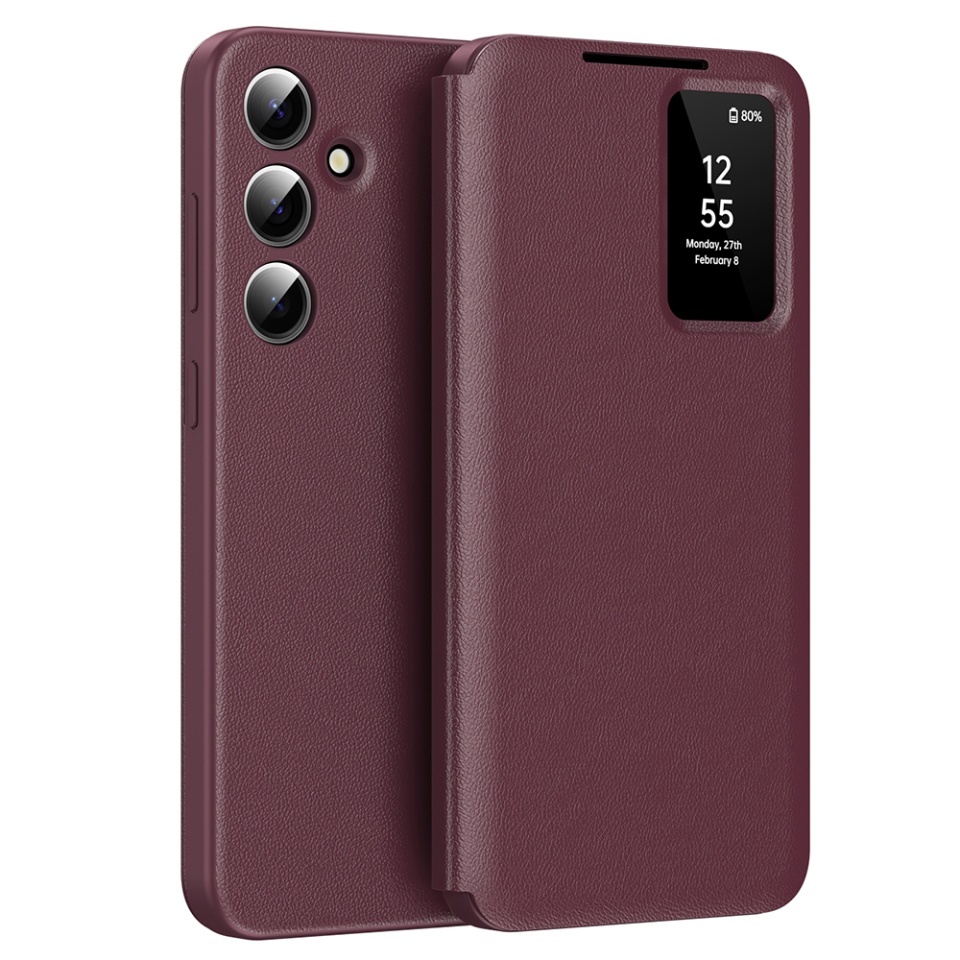 Husa pentru Samsung Galaxy S25 Plus tip carte, Skyddar, cu portofel si SmartView, Premium, set cu sticker, Rosu