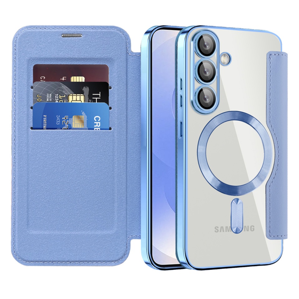 Husa pentru Samsung Galaxy S25 Plus tip carte, SKYDDAR INOVATION, SmartMag Book, Magsafe, RFiD, Suport Carduri, set cu sticker, Bleu