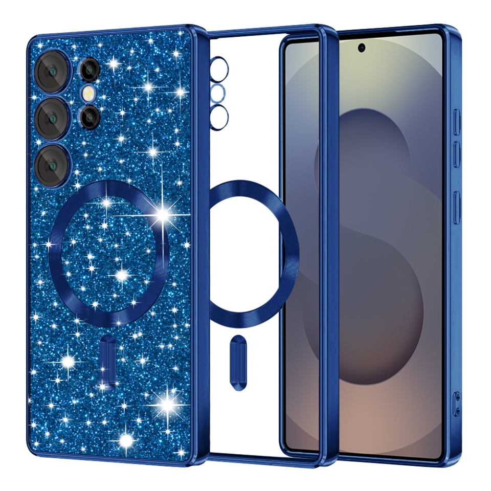 Husa pentru Samsung Galaxy S25 Ultra, SKYDDAR INNOVATION, Luxury Glitter Magsafe, Antisoc, Fundal Detasabil 2-in-1, Margini Ridicate, set cu sticker, Albastru