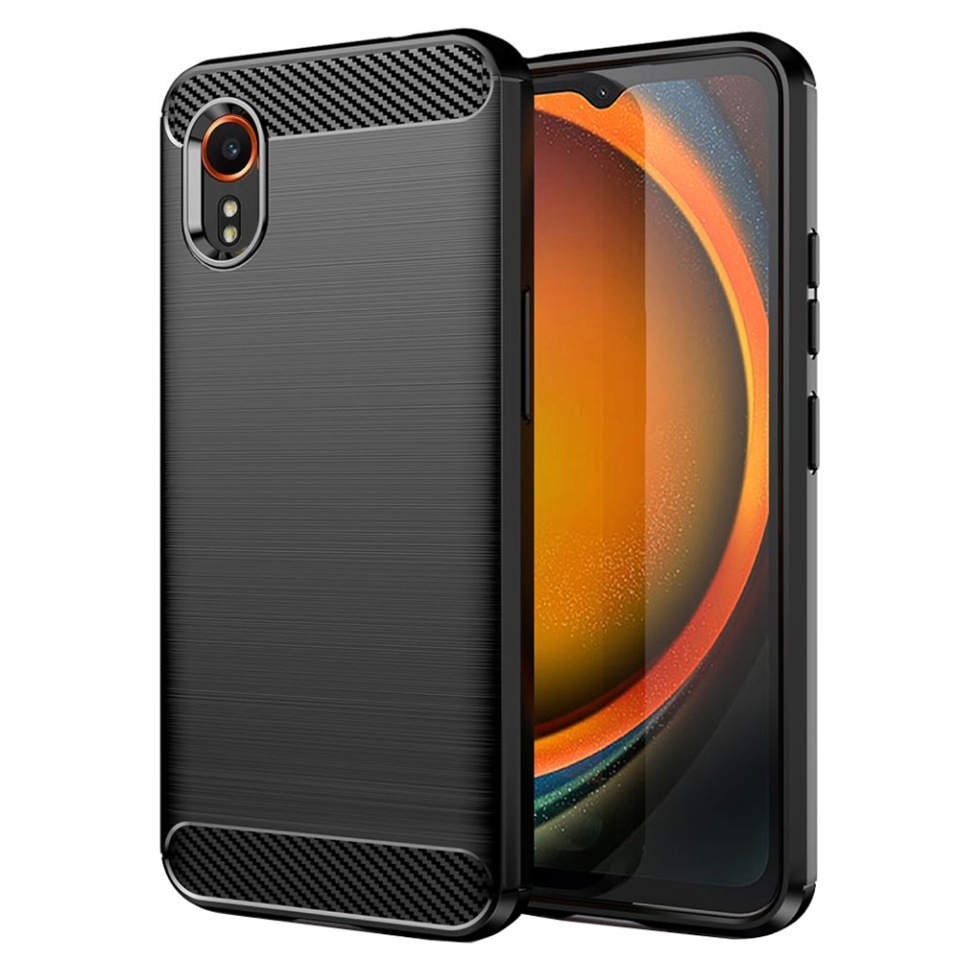 Husa pentru Samsung Galaxy Xcover7, SKYDDAR INNOVATION, Carbon Silicone, din Silicon Slim, cu textura Fibra Carbon, set cu sticker, Negru